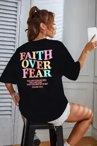 Kadın Baskılı T-Shirt Kısa Kol Bisiklet Yaka Oversize Rahat Kalıp Tişört - Siyah