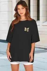 Kadın Baskılı T-Shirt Kısa Kol Bisiklet Yaka Oversize Rahat Kalıp Tişört - Siyah