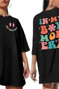 Kadın Baskılı T-Shirt Kısa Kol Bisiklet Yaka Oversize Rahat Kalıp Tişört - Siyah