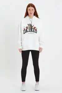 Kadın Oversize Kapüşonlu Cepli Baskılı 3 İplik Pamuklu Hoodie Sweatshirt - Beyaz