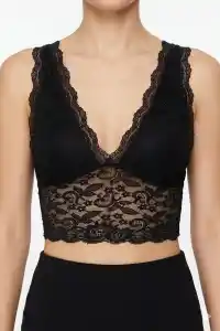 Kadın Dantel Bralet Crop Sütyen V Yaka Askılı Şık Esnek Rahat - Siyah