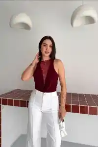Kadın Dantel Detaylı Derin Dekolte Body Şık Kolsuz Yazlık Bodysuit - Bordo