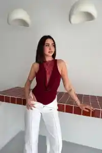 Kadın Dantel Detaylı Derin Dekolte Body Şık Kolsuz Yazlık Bodysuit - Bordo