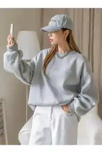 Kadın 3 İplik Pamuklu Oversize Yarım Fermuarlı Yakalı Basic Sweatshirt - Gri