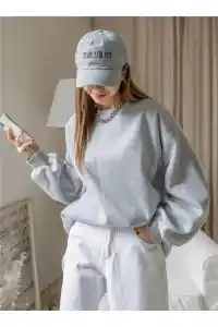 Kadın 3 İplik Pamuklu Oversize Yarım Fermuarlı Yakalı Basic Sweatshirt - Gri