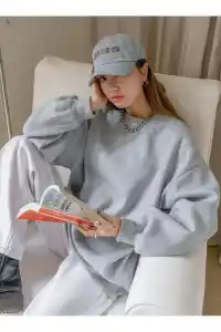 Kadın 3 İplik Pamuklu Oversize Yarım Fermuarlı Yakalı Basic Sweatshirt - Gri