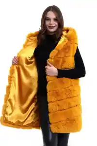 Kadın Kapüşonlu Peluş Kürk Yelek Premium Kalite Tam Astarlı Uzun Model - Sarı