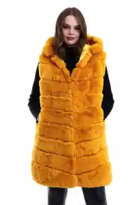 Kadın Kapüşonlu Peluş Kürk Yelek Premium Kalite Tam Astarlı Uzun Model - Sarı