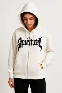 Kadın Kapüşonlu 3 İplik Pamuklu Önü Baskılı Fermuarlı Oversize Hoodie Sweatshirt - Beyaz