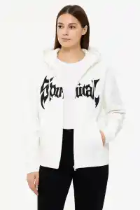 Kadın Kapüşonlu 3 İplik Pamuklu Önü Baskılı Fermuarlı Oversize Hoodie Sweatshirt - Beyaz