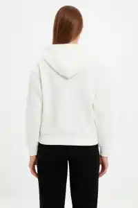 Kadın Kapüşonlu 3 İplik Pamuklu Önü Baskılı Fermuarlı Oversize Hoodie Sweatshirt - Beyaz