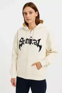 Kadın Kapüşonlu 3 İplik Pamuklu Önü Baskılı Fermuarlı Oversize Hoodie Sweatshirt - Beyaz