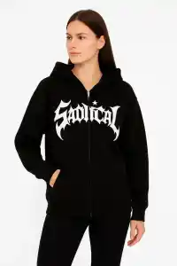 Kadın Kapüşonlu 3 İplik Şardonlu Önü Baskılı Fermuarlı Oversize Sweatshirt - Siyah