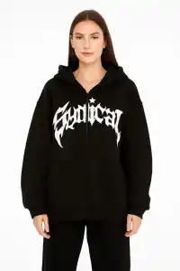 Kadın Kapüşonlu 3 İplik Şardonlu Önü Baskılı Fermuarlı Oversize Sweatshirt - Siyah