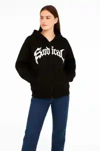Kadın Kapüşonlu 3 İplik Şardonlu Önü Baskılı Fermuarlı Oversize Sweatshirt - Siyah
