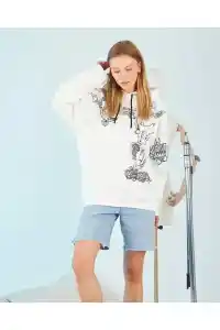 Kadın Oversize Kapüşonlu Baskılı 3 İplik Pamuklu Hoodie Sweatshirt - B