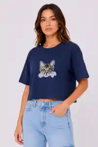 Kadın Kedi Baskılı Oversize Crop Tişört Salaş Basic Yarım Kol T-shirt - Lacivert