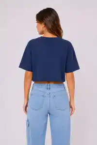 Kadın Kedi Baskılı Oversize Crop Tişört Salaş Basic Yarım Kol T-shirt - Lacivert