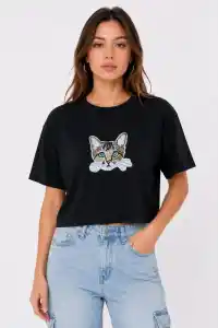 Kadın Kedi Baskılı Oversize Crop Tişört Salaş Basic Yarım Kol T-shirt - Siyah