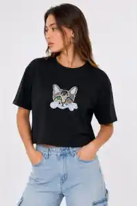 Kadın Kedi Baskılı Oversize Crop Tişört Salaş Basic Yarım Kol T-shirt - Siyah