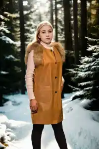Kadın Premium Doğal Kürk Kolsuz Deri - Hardal