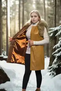 Kadın Premium Doğal Kürk Kolsuz Deri - Hardal