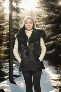 Kadın Premium Doğal Kürk Kolsuz Kapüşonlu Yelek - Siyah