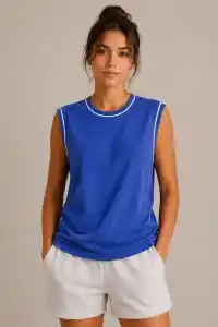 Kadın Kontrast Biyeli Kolsuz Atlet Bisiklet Yaka Yazlık Basic Atlet - Saks Mavisi