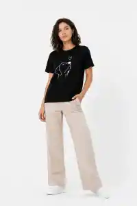Kadın Köpek Figürlü Minimal Baskılı Tişört Kısa Kol Yazlık T-Shirt - Siyah