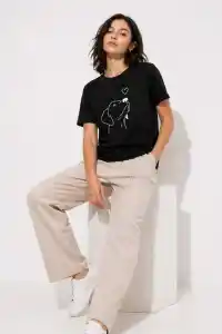 Kadın Köpek Figürlü Minimal Baskılı Tişört Kısa Kol Yazlık T-Shirt - Siyah