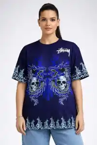 Kadın Oversize Tişört Dragon & Kuru Kafa Baskılı Bisiklet Yaka T-Shirt - Lacivert