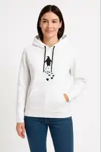 Kadın 3 İplik Pamuklu Kapüşonlu Hoodie Sweatshirt Nihilist Penguen Baskılı - Beyaz
