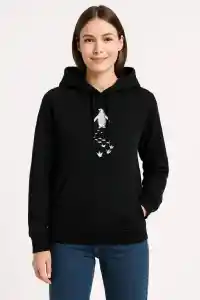 Kadın 3 İplik Pamuklu Kapüşonlu Hoodie Sweatshirt Nihilist Penguen Baskılı - Siyah