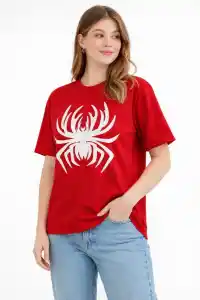 Kadın Örümcek Baskılı Tişört Kısa Kollu Bisiklet Yaka T-Shirt - Kırmızı