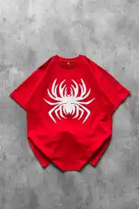 Kadın Örümcek Baskılı Tişört Kısa Kollu Bisiklet Yaka T-Shirt - Kırmızı