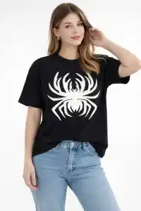 Kadın Örümcek Baskılı Tişört Kısa Kollu Bisiklet Yaka T-Shirt - Siyah