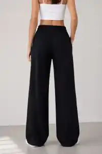 Kadın Osy Modal Yumuşak Dokulu Nakışlı Cepli Oversize Bol Paça Eşofman Altı - Siyah