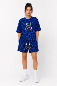 Kadın Oversize Kalıp Pubg Bape X Shark Nakışlı Cepli Şort Takım - Mavi