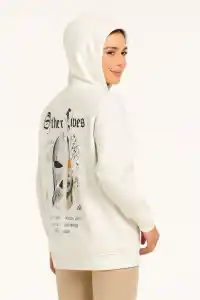 Kadın Oversize Kapüşonlu Kanguru Cepli Baskılı 3 İplik Pamuklu Sweatshirt Hoodie - Beyaz