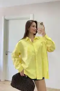 Kadın Oversize Pens Detaylı Cepli Yırtmaçlı Rahat Kalıp Poplin Gömlek - Sarı