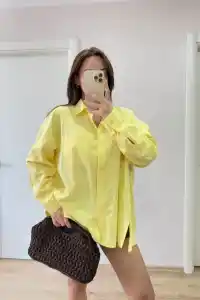 Kadın Oversize Pens Detaylı Cepli Yırtmaçlı Rahat Kalıp Poplin Gömlek - Sarı