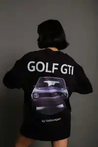 Kadın Oversize Tişört Golf GTI Retro Araba Baskılı T-shirt - Siyah