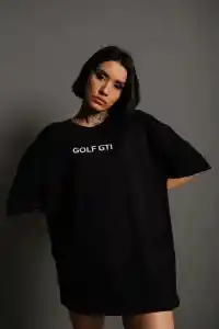 Kadın Oversize Tişört Golf GTI Retro Araba Baskılı T-shirt - Siyah