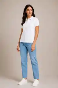 Kadın Polo Yaka Pike Kumaş Düğmeli Basic Tişört Günlük Rahat - Beyaz