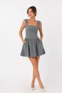 Kadın Premium Kolsuz Kare Yaka Cepli Bel Oturtmalı Kloş Mini Elbise - Gri