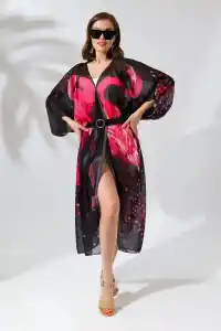 Kadın Rahat Kesim Şifon Kimono - Siyah