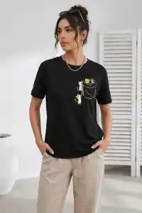Kadın Sevimli Kedi Cep Baskılı Tişört Kısa Kol Yazlık T-Shirt - Siyah