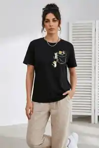 Kadın Sevimli Kedi Cep Baskılı Tişört Kısa Kol Yazlık T-Shirt - Siyah