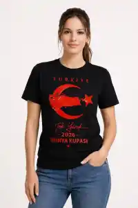 Kadın TÜRKİYE Ay Yıldız 2026 Dünya Kupası Taraftar Forma T-Shirt - Siyah