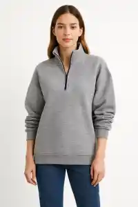 Kadın 3 İplik Pamuklu Dık Yaka Yarım Fermuarlı SweatShirt - Gri